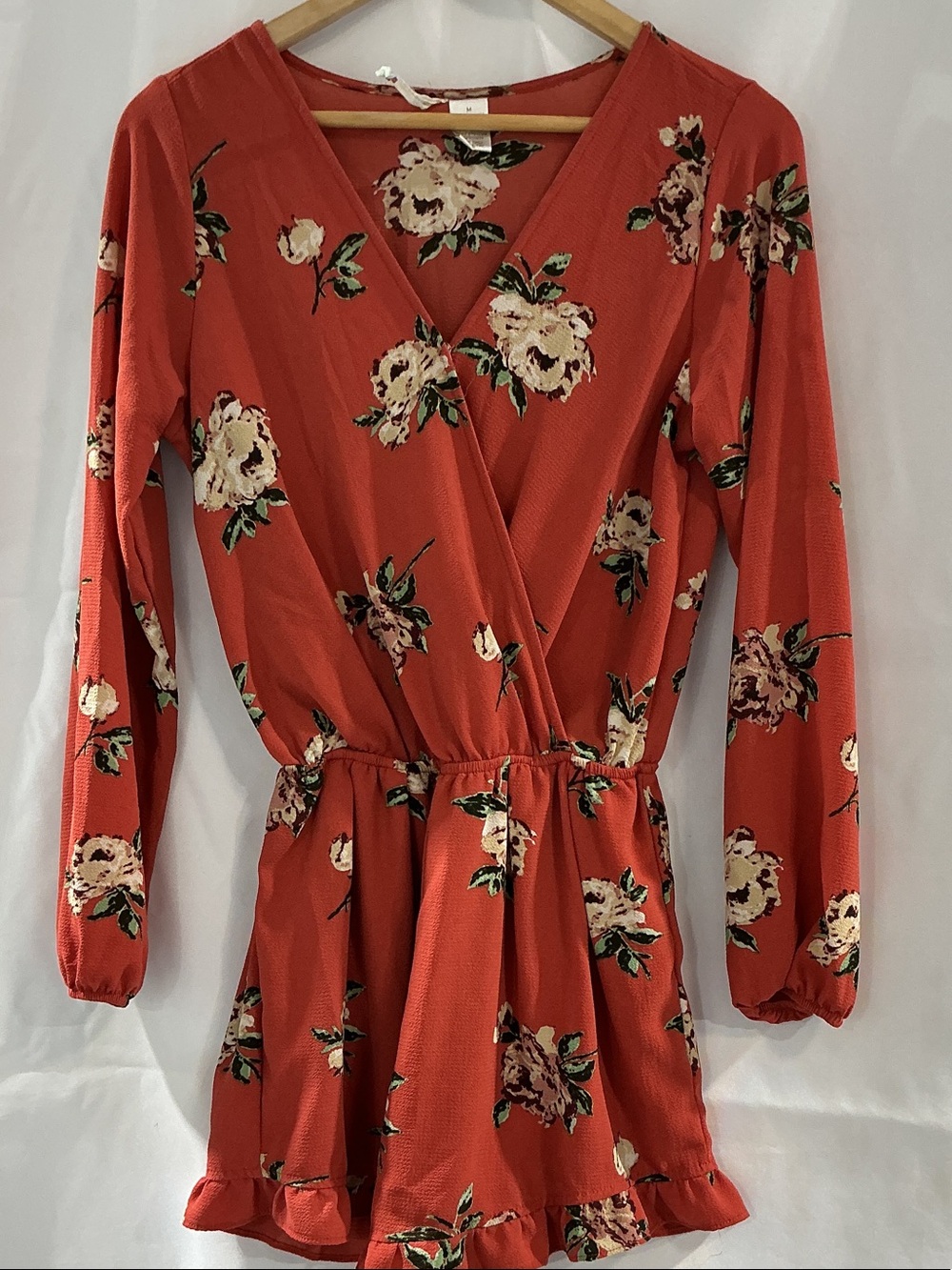 Mimi Chica Coral Floral Long-Sleeve Wrap Romper